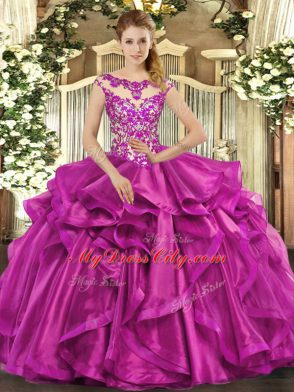 Exquisite Fuchsia Sleeveless Organza Lace Up Quinceanera Gown for Sweet 16 and Quinceanera