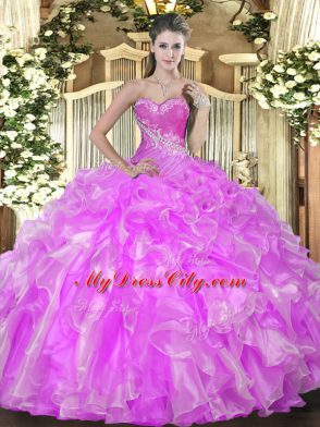 Fabulous Floor Length Lace Up Sweet 16 Quinceanera Dress Lilac for Military Ball and Sweet 16 and Quinceanera with Beading and Ruffles