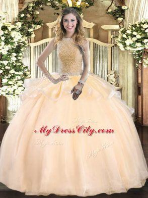 Glamorous Sleeveless Floor Length Beading Lace Up Vestidos de Quinceanera with Peach