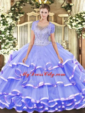 Dynamic Sleeveless Lace Floor Length Clasp Handle Quinceanera Gown in Lavender with Beading and Ruffled Layers