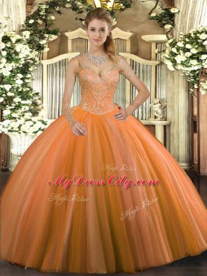 V-neck Sleeveless Sweet 16 Dress Floor Length Beading Orange Red Tulle