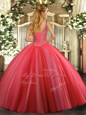 V-neck Sleeveless Sweet 16 Dress Floor Length Beading Orange Red Tulle