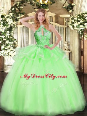 Noble Ball Gowns Organza Halter Top Sleeveless Beading Floor Length Lace Up Ball Gown Prom Dress