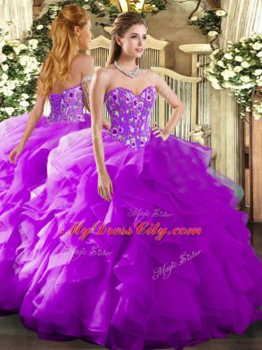 Sumptuous Purple Lace Up Quinceanera Gowns Embroidery and Ruffles Sleeveless Floor Length