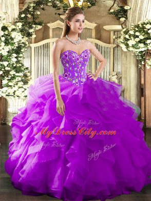 Sumptuous Purple Lace Up Quinceanera Gowns Embroidery and Ruffles Sleeveless Floor Length