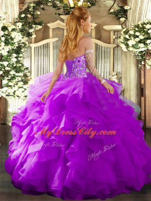 Sumptuous Purple Lace Up Quinceanera Gowns Embroidery and Ruffles Sleeveless Floor Length