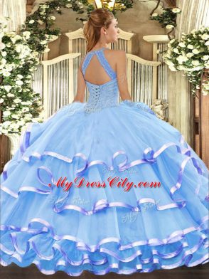 Halter Top Sleeveless Organza Quinceanera Dress Beading and Ruffled Layers Lace Up