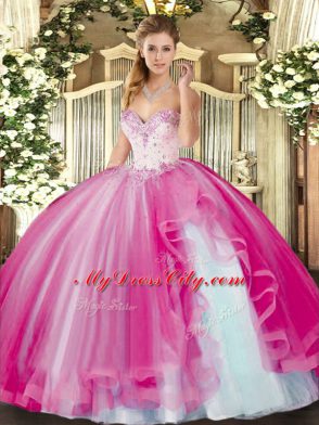 Popular Fuchsia Ball Gowns Beading and Ruffles 15th Birthday Dress Lace Up Tulle Sleeveless Floor Length