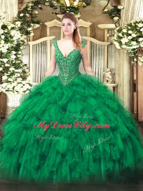 Ball Gowns Quinceanera Gown Green V-neck Organza Sleeveless Floor Length Lace Up