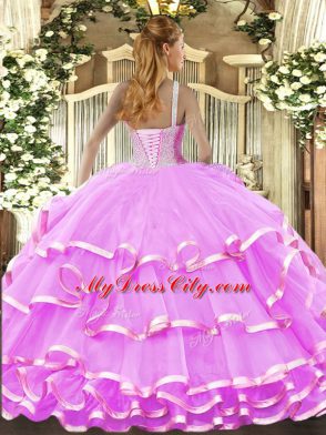 High-neck Sleeveless Organza Sweet 16 Dresses Beading and Ruffled Layers Lace Up