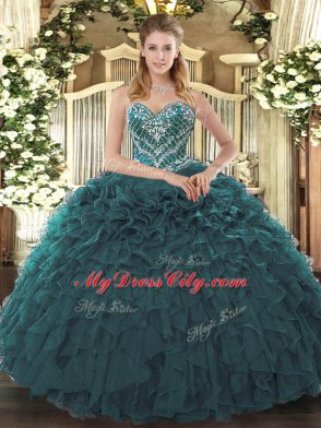 Modern Teal Quinceanera Dresses Military Ball and Sweet 16 and Quinceanera with Beading and Ruffled Layers Sweetheart Sleeveless Lace Up