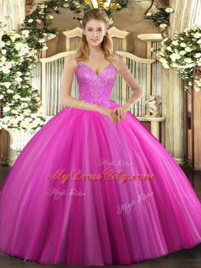 Floor Length Lace Up 15 Quinceanera Dress Fuchsia for Military Ball and Sweet 16 and Quinceanera with Beading