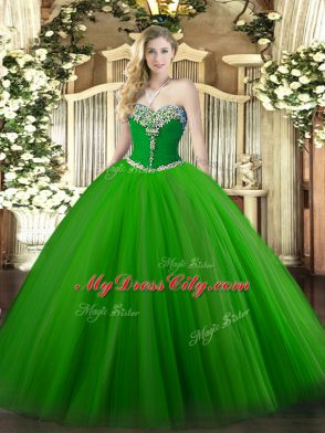 Green Ball Gowns Beading Quinceanera Gowns Lace Up Tulle Sleeveless Floor Length