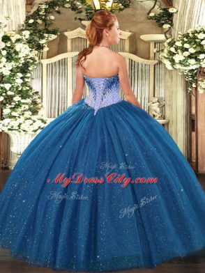 Spectacular Floor Length Teal Sweet 16 Dresses Tulle Sleeveless Beading and Sequins