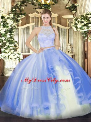 Adorable Sleeveless Tulle Floor Length Zipper Vestidos de Quinceanera in Baby Blue with Lace and Ruffles