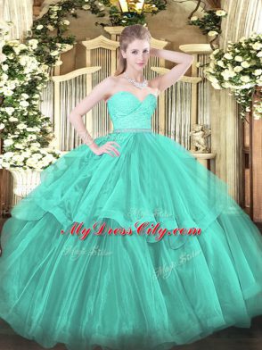 High Quality Turquoise Ball Gowns Sweetheart Sleeveless Tulle Brush Train Zipper Beading and Lace and Ruffled Layers Quinceanera Dresses