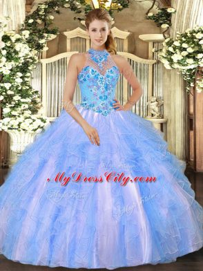 Romantic Halter Top Sleeveless Organza 15 Quinceanera Dress Embroidery and Ruffles Lace Up