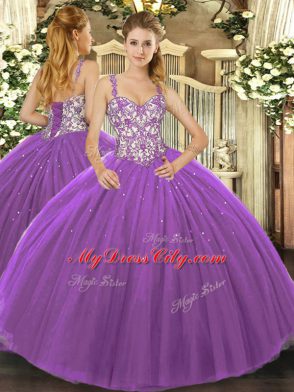 Straps Sleeveless Tulle Sweet 16 Dress Beading and Appliques Lace Up