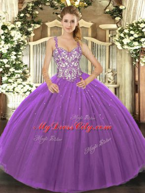 Straps Sleeveless Tulle Sweet 16 Dress Beading and Appliques Lace Up