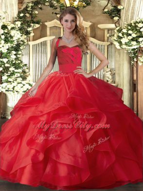 Red Lace Up 15 Quinceanera Dress Ruffles Sleeveless Floor Length