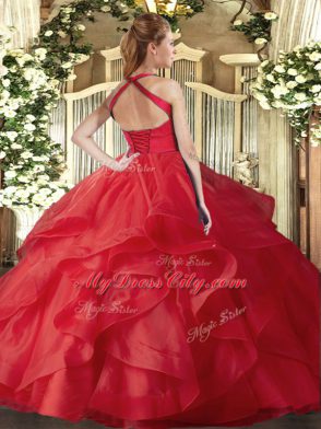 Red Lace Up 15 Quinceanera Dress Ruffles Sleeveless Floor Length