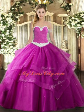 Stylish Sweetheart Sleeveless Quince Ball Gowns Floor Length Appliques and Ruffled Layers Fuchsia Tulle