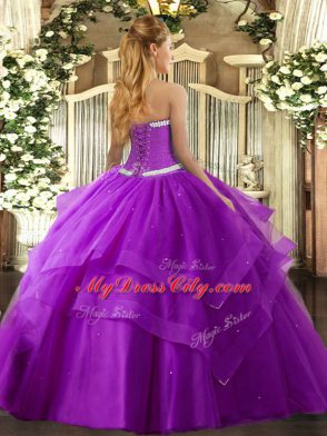 Stylish Sweetheart Sleeveless Quince Ball Gowns Floor Length Appliques and Ruffled Layers Fuchsia Tulle