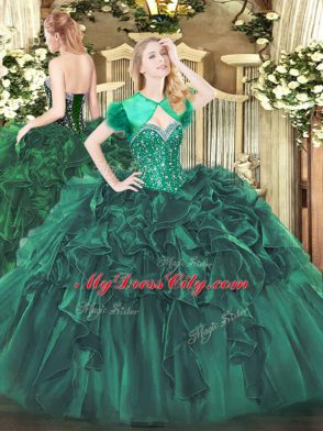 Dark Green Organza Lace Up Sweetheart Sleeveless Floor Length 15 Quinceanera Dress Beading and Ruffles