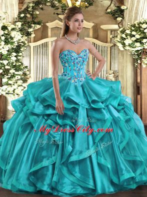 Super Teal Sweetheart Neckline Embroidery and Ruffles Sweet 16 Quinceanera Dress Sleeveless Lace Up