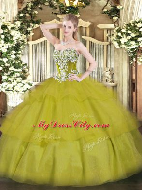 Olive Green Strapless Neckline Beading and Ruffled Layers Sweet 16 Dresses Sleeveless Lace Up