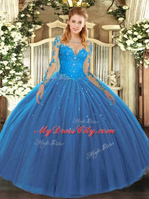 Teal Ball Gowns Lace 15th Birthday Dress Lace Up Tulle Long Sleeves Floor Length