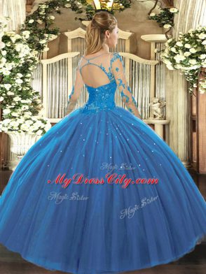 Teal Ball Gowns Lace 15th Birthday Dress Lace Up Tulle Long Sleeves Floor Length