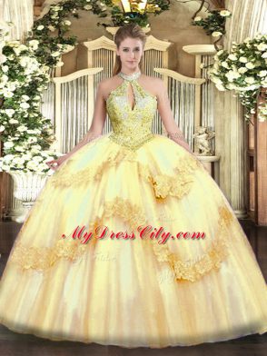 Floor Length Ball Gowns Sleeveless Gold Sweet 16 Dress Lace Up