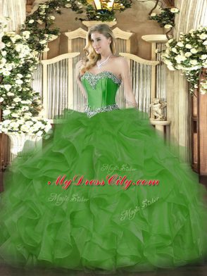 Green Lace Up Sweetheart Beading and Ruffles Sweet 16 Quinceanera Dress Organza Sleeveless