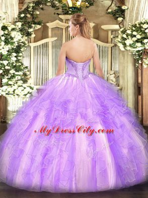 Shining Beading and Ruffles Quinceanera Gown Lilac Lace Up Sleeveless Floor Length