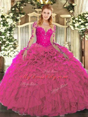 Flirting Fuchsia Sweet 16 Dresses Military Ball and Sweet 16 and Quinceanera with Lace and Ruffles Scoop Long Sleeves Lace Up