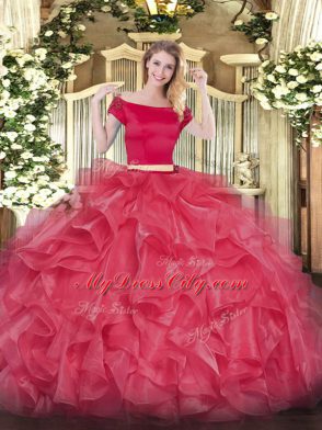 Noble Short Sleeves Organza Floor Length Zipper Quinceanera Gown in Coral Red with Appliques and Ruffles