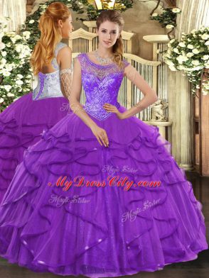 Popular Floor Length Lace Up 15 Quinceanera Dress Purple for Sweet 16 and Quinceanera with Beading and Ruffles