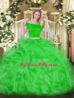 Appliques and Ruffles Ball Gown Prom Dress Green Zipper Short Sleeves Floor Length