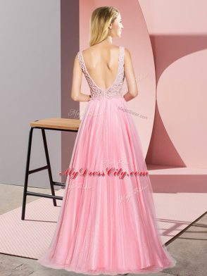 Fitting Peach Tulle Zipper V-neck Sleeveless Floor Length Prom Gown Lace