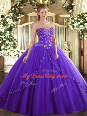 Smart Sweetheart Sleeveless Tulle Quince Ball Gowns Appliques and Embroidery Brush Train Lace Up