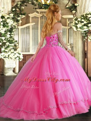 Smart Sweetheart Sleeveless Tulle Quince Ball Gowns Appliques and Embroidery Brush Train Lace Up