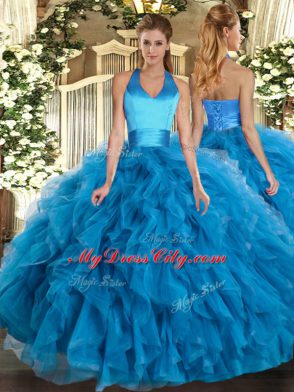 Baby Blue Halter Top Lace Up Ruffles 15th Birthday Dress Sleeveless