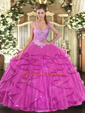 Fuchsia Ball Gowns Beading and Ruffles Sweet 16 Dresses Lace Up Tulle Sleeveless Floor Length