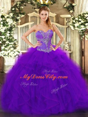 Best Selling Purple Ball Gowns Tulle Sweetheart Sleeveless Beading and Ruffles Floor Length Lace Up 15th Birthday Dress