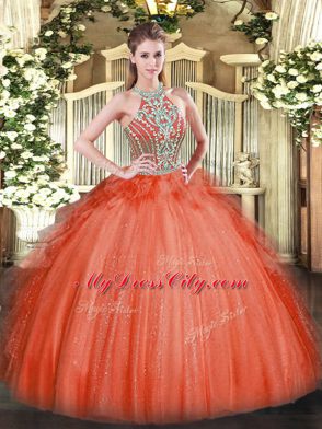 Red Quince Ball Gowns Military Ball and Sweet 16 and Quinceanera with Beading and Ruffles Halter Top Sleeveless Lace Up