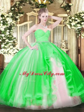 Green Sleeveless Beading and Lace and Ruffles Floor Length Ball Gown Prom Dress