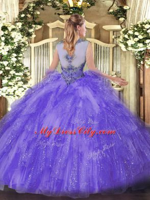 Glorious Floor Length Lavender Sweet 16 Quinceanera Dress Organza Sleeveless Beading and Ruffles