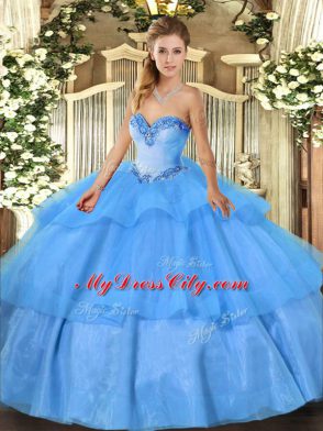 Sleeveless Tulle Floor Length Lace Up 15th Birthday Dress in Baby Blue with Beading and Ruffled Layers