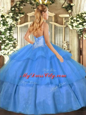 Sleeveless Tulle Floor Length Lace Up 15th Birthday Dress in Baby Blue with Beading and Ruffled Layers